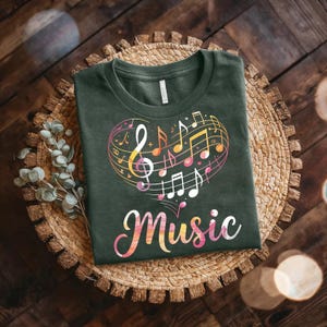 Colorful Music Heart Shirt – Treble Clef Music Notes Tee – Music Lover Gift – Rainbow Music Shirt – Heart Music Graphic Tee