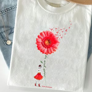 Stroke Awareness T-Shirt: Never Give Up Red Ribbon Flower Tee