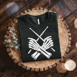 Skeleton Drummer Shirt – Skull Drumsticks Crossbones Tee – Rock Drumming Shirt – Gothic Drummer Gift – Skeleton Band Music T-Shirt