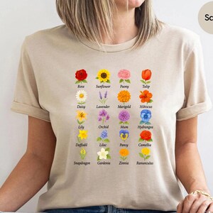 Shirt Wildflower Botanisch gebloemd T-shirt met namen - cadeau tuinliefhebber, T-shirt bloemenkaart, Cottagecore-shirt, T-shirt natuurliefhebber