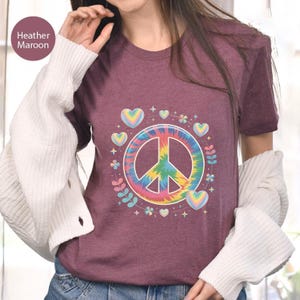 Tie-Dye Peace Sign Shirt – Cute Hippie Floral T-Shirt for Women, Rainbow Heart Boho Tee, Colorful 70s Style Shirt, Military Green Tee