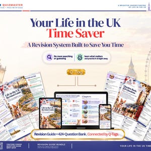Op de afbeelding: Een digitaal en gedrukt studiepakket getiteld Your Life in the UK Time Saver, met een revisiegids, een bank met 424 vragen en een Q-Tag-systeem. De materialen tonen een corgi-illustratie, bezienswaardigheden in Londen en tekst over het systeem.