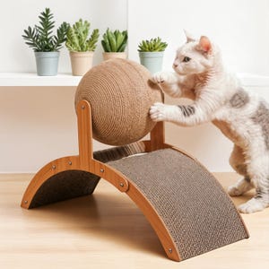 Rascador moderno para gatos con bola de sisal y arco de túnel: superficie rascadora de cartón de doble superficie para la salud de las garras y el juego.