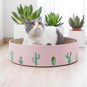 Cama de descanso para gatos com arranhador de cacto – ninho redondo de papelão ondulado com estampa fofa de cacto para descanso e brincadeiras