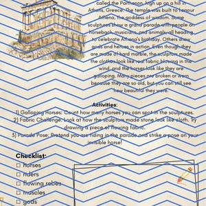 May include: An educational worksheet titled 3) The Parthenon Sculptures featuring an illustration of the Parthenon, descriptive text about ancient Greek marble sculptures, a list of three activities, and a checklist including horses, riders, and robes.