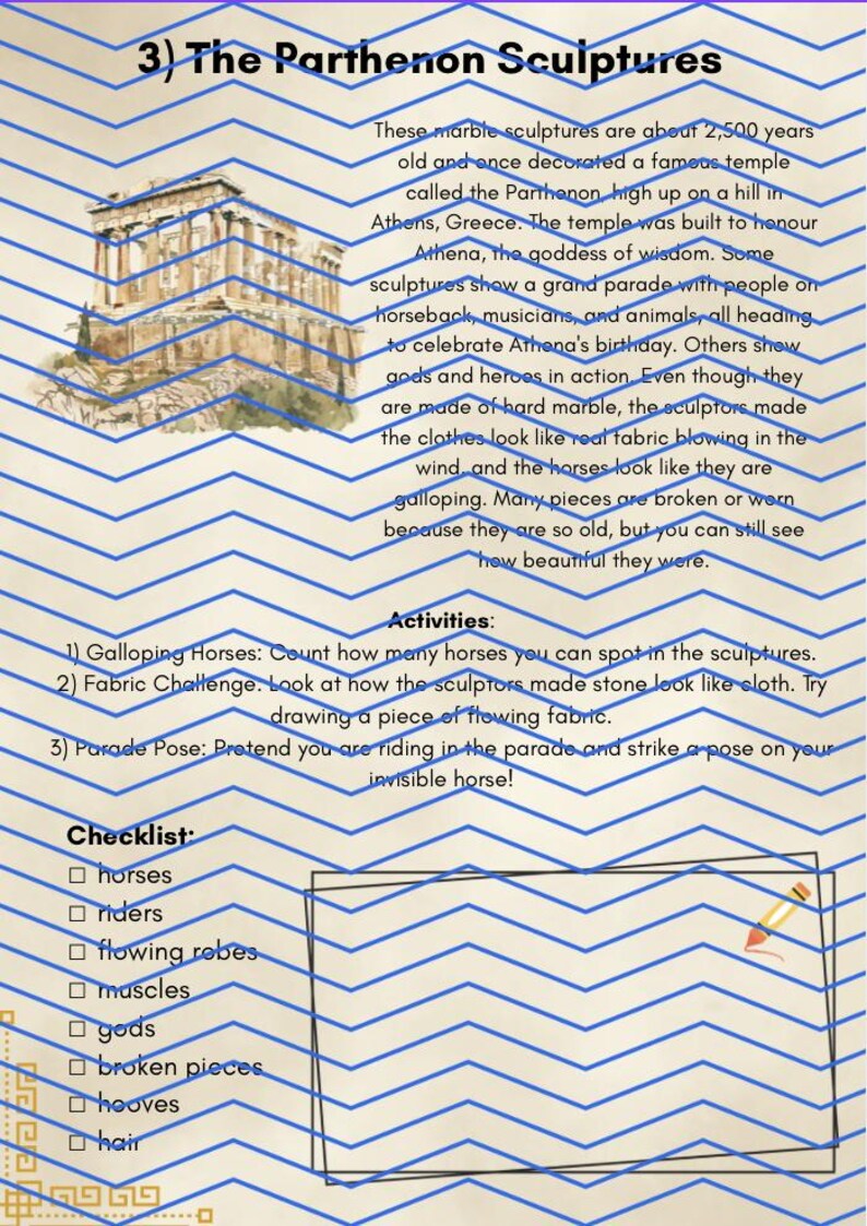 May include: An educational worksheet titled 3) The Parthenon Sculptures featuring an illustration of the Parthenon, descriptive text about ancient Greek marble sculptures, a list of three activities, and a checklist including horses, riders, and robes.