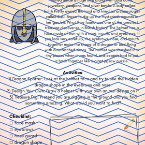 May include: An educational worksheet titled 5) The Sutton Hoe Helmet featuring an illustration of an iron helmet with a face mask, nose guard, and cheek guards. The page includes historical text, activity prompts, and a checklist for students.