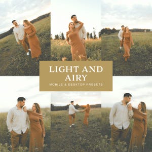 Peut inclure: Une fiche produit numérique présentant un collage de six photographies d'un couple dans un champ, avec le texte LIGHT AND AIRY MOBILE & DESKTOP PRESETS centré dans un rectangle doré. Les images montrent une personne en robe beige et une en tenue beige.
