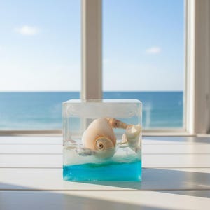 May include: A clear resin cube containing a seashell. The cube features a layer of blue resin at the base, mimicking ocean water. The background shows a bright blue sea and sky.