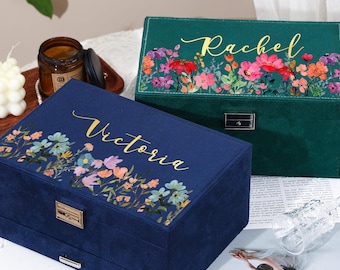 Benutzerdefinierte große Schmuckschatulle, Schmuck Aufbewahrungsbox für Frauen, Box mit Schublade Frauen Samt Schmuck Organizer, Weihnachtsgeschenke, Geschenk für sie
