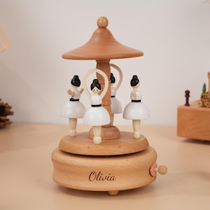 Personalized Wooden Music Box: Ballerina Carousel, Engraved Keepsake with Name, Birthday/ Newborn/ Baby Shower