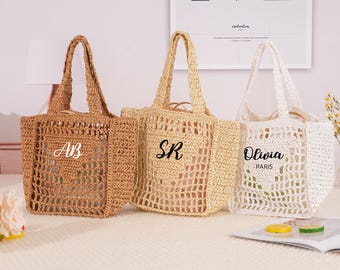 Personalized Raffia Beach Tote Bag: Custom Woven Straw Bag