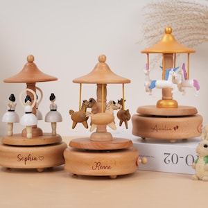 Personalized Wooden Music Box: Ballerina Carousel, Engraved Keepsake with Name, Birthday/ Newborn/ Baby Shower