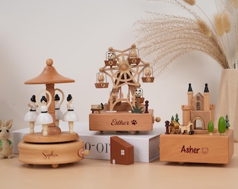 Personalized Wooden Music Box: Ballerina Carousel, Engraved Keepsake with Name, Birthday/ Newborn/ Baby Shower