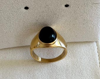 Black gemstone oval ring made of stainless steel for women – 18K gold-plated, waterproof – gold – statement – gift – onyx – Christmas