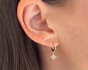925 Sterling Silver Hoop Earrings with Moon & Star Pendant – Zirconia Studded, Gold, Silver – Earrings for Women – Jewelry – Gift – Christmas
