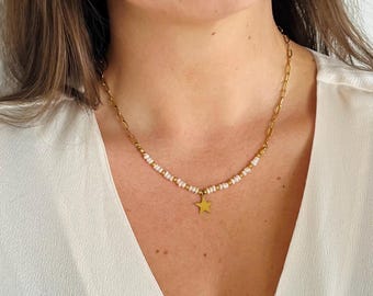 Freshwater pearl necklace with star pendant – 18K gold-plated, stainless steel – gold, pearls – jewelry, women – boho, timeless – Christmas