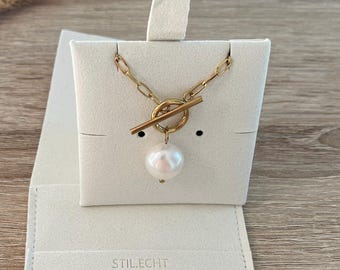 Freshwater Pearl Drop Necklace - Stainless Steel - Single Pearl - Toggle Clasp - Wedding, Bridesmaid - Gift - Christmas - Paperclip