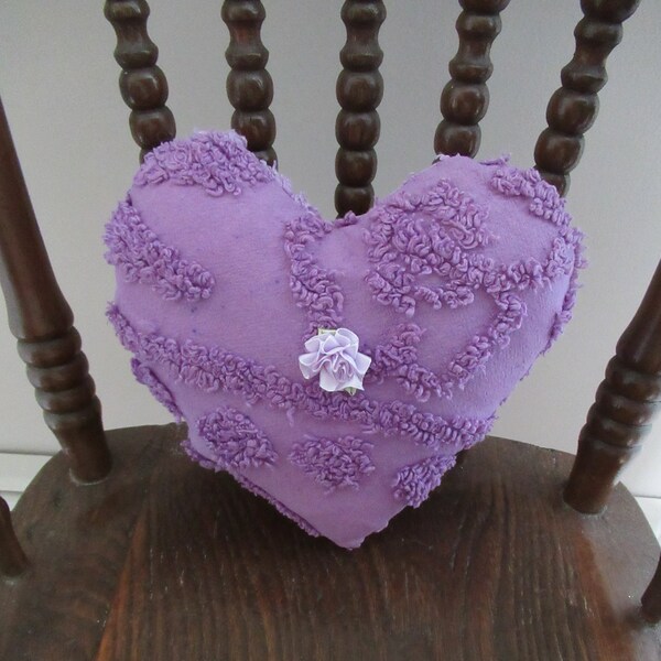 Handmade Heart Pillow Of Vintage Purple Chenille Bedspread Fabric