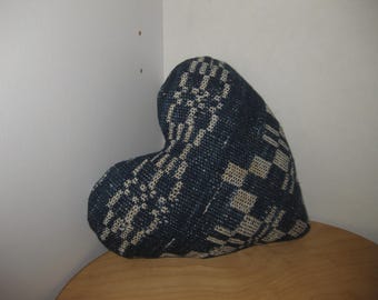 Heart Pillow Of Antique Handwoven Wool Coverlet Fabric