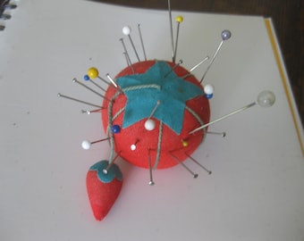 Vintage Red Pincushion with Pins, Star Embroidery Detail