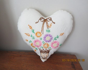 Vintage Fabric Handmade Heart Pillow Of Embroidery Stitched