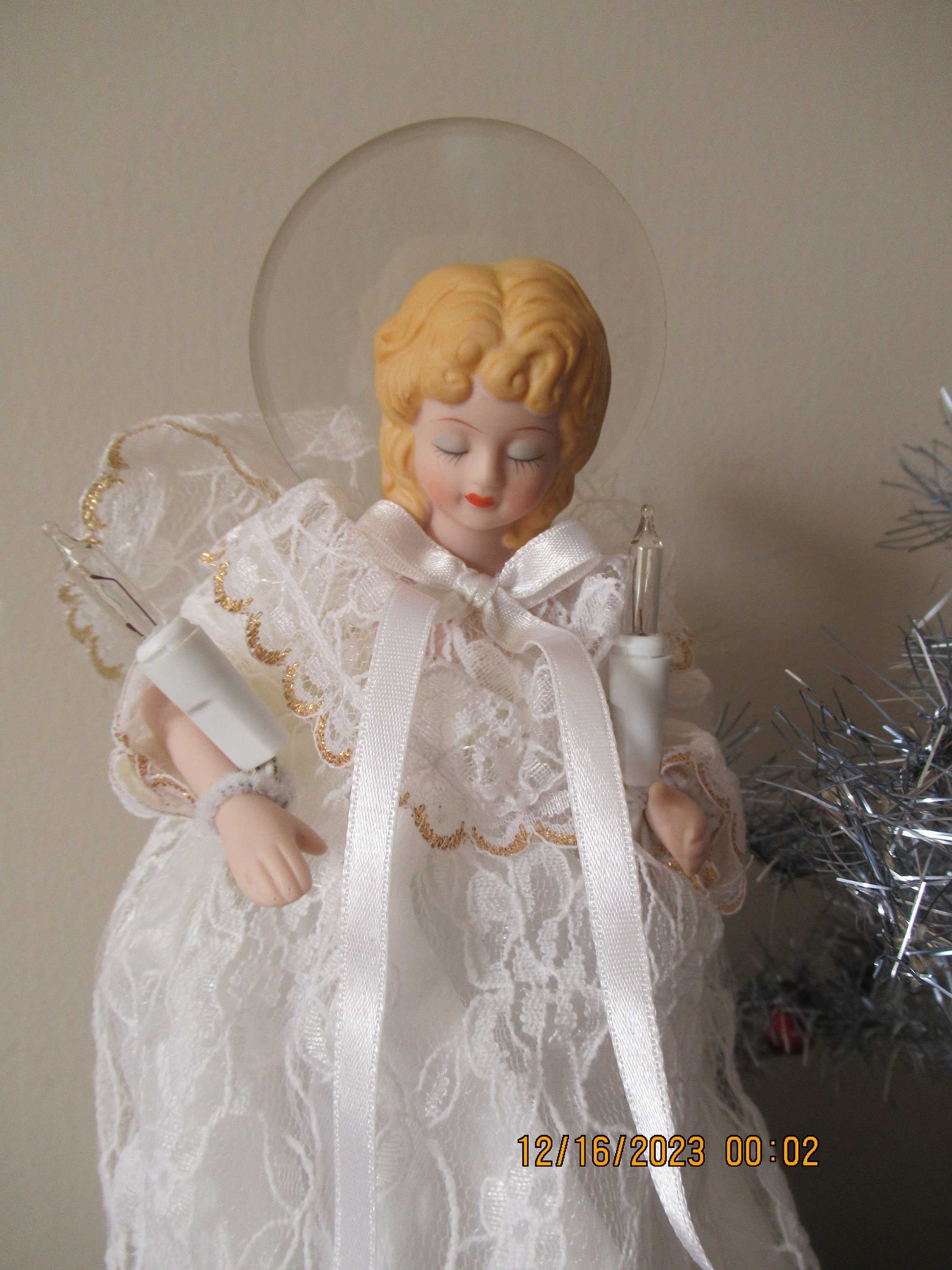 Vintage Straw Angel Gold Foil 13.5” Rustic Wood Christmas Tree Topper  Figurine*