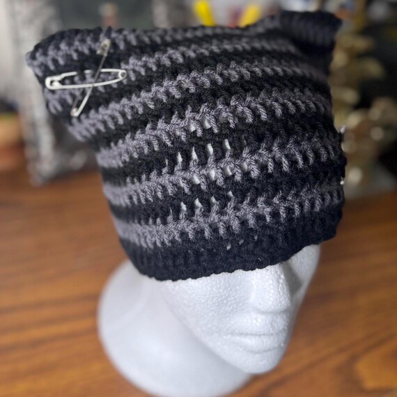 Black and Grey Cat Ear Beanie #y2k #handmade #crochet