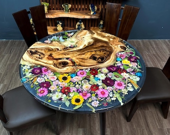 Custom Round Epoxy Resin Table with Real Preserved Flowers, Wedding Bouquet Preservation, Handmade Floral Coffee Table