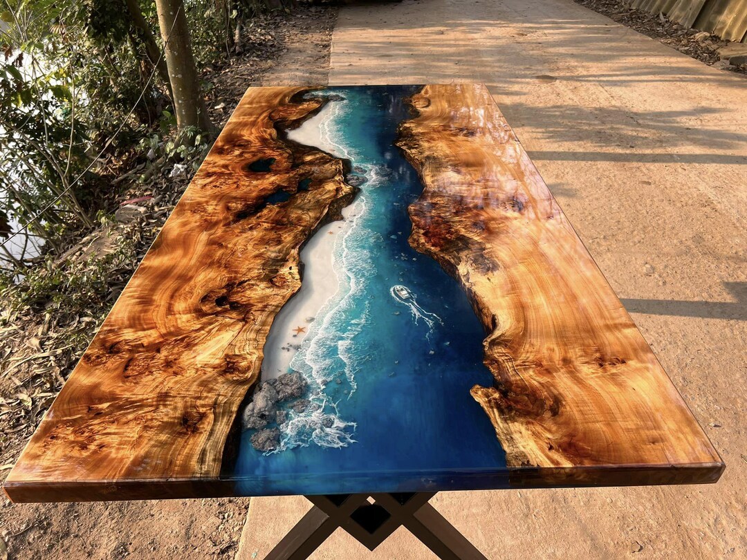 Ocean Resin River Table, Live Edge Wood Desk, Coastal Beach House Decor ...