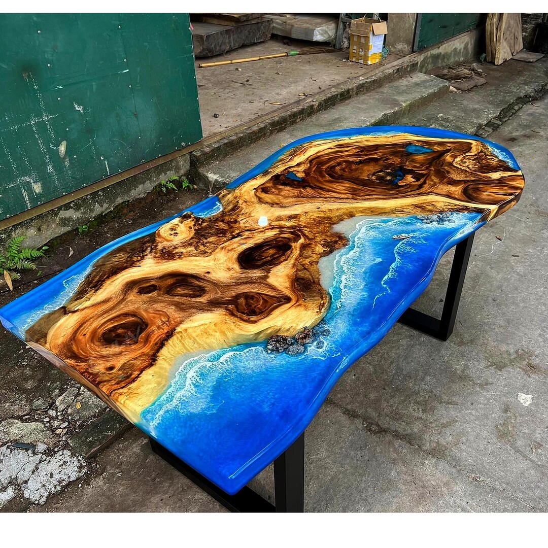 Blue Ocean Epoxy Table With White Sand – Handmade Beach Resin Table for ...