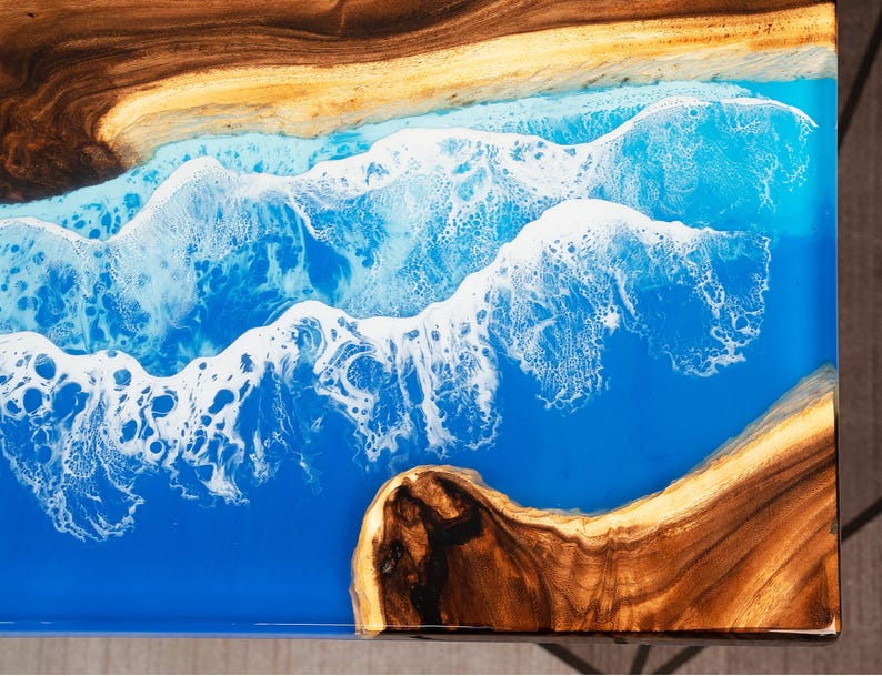 Custom Ocean Wave Epoxy Table – Live Edge Wood and Resin Table for ...