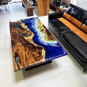 Ocean Epoxy Resin Table, Live Edge Coffee Table, Custom River Table, Blue Epoxy Wood Table, Handmade Resin Art, Coastal Home Decor