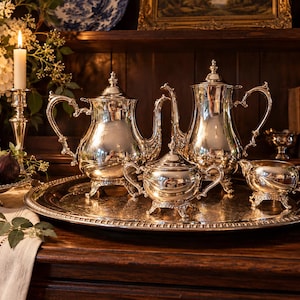 May include: A polished silver tea set comprising a large teapot, a tall coffee pot, a lidded sugar bowl, and a creamer, all arranged on a large, round, ornate silver serving tray with a beaded edge and intricate embossed detailing.