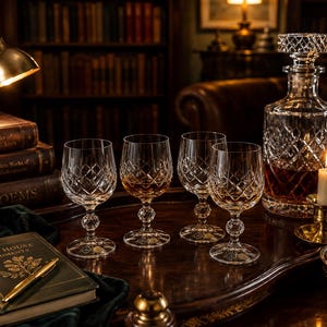 May include: A crystal decanter and four matching stemmed glasses featuring a diamond-cut pattern. The decanter has a faceted stopper, and the glasses have spherical accents on the stems. The set is clear glass with amber-coloured liquid inside.