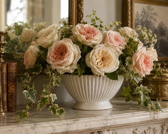 Vintage M&S Ribbed Mantel Vase | Small Ivory White Ceramic Flower Bowl | Oval Fluted Marks and Spencer Vase
