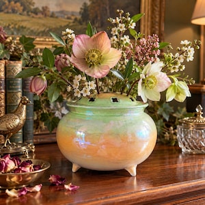 May include: A round, three-legged ceramic flower frog vase with an iridescent finish that transitions from pale green at the top to a soft peach hue at the base. The vase features a removable lid with multiple circular openings for flower stems.