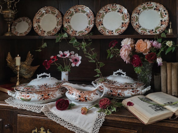 Antique W. Adams Crown Derby Style Dinner Service: 21-Piece Semi-Porcelain Set