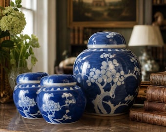Vintage Blue White Ginger Jars, Prunus Blossom Cobalt Porcelain, Chinoiserie Mantel Decor
