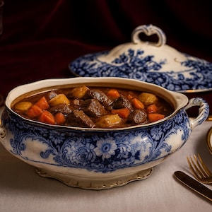 May include: A blue and white porcelain serving dish filled with a stew, with meat, carrots, and potatoes. A matching lid is in the background. A lit candle, wine glass, and silverware complete the dining scene.