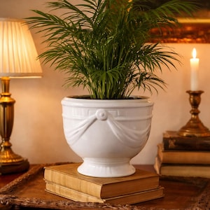 May include: A white ceramic plant pot with a ribbon design, holding a green plant. The pot rests on old books on a wooden tray. A lamp and candle holder are in the background, creating a warm atmosphere.