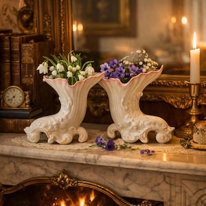 May include: Two cream-coloured ceramic cornucopia vases with scalloped, pink-tinted rims and ornate, embossed scrollwork details. Each vase features a flared opening and a curved base, holding small white snowdrops and purple flowers respectively.