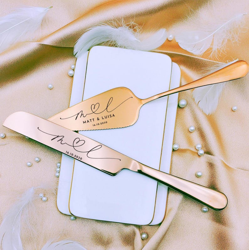 Custom Wedding Cake Cutting Set, Engraved Minimalist Server Knife, Wedding Gift For Bridal Shower, Anniversary Keepsake for Couple