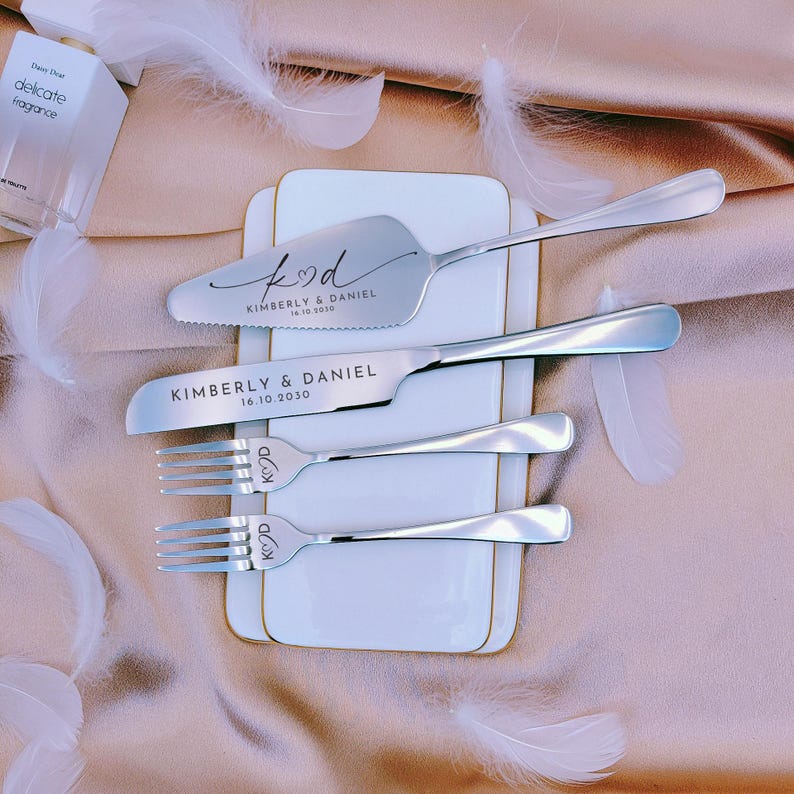 Personalized Cake Cutting Serving, Engraved Knife Server Forks, Bride And Groom Gift, Wedding Keepsake Ceremony Gift, Bridal Pastry Set