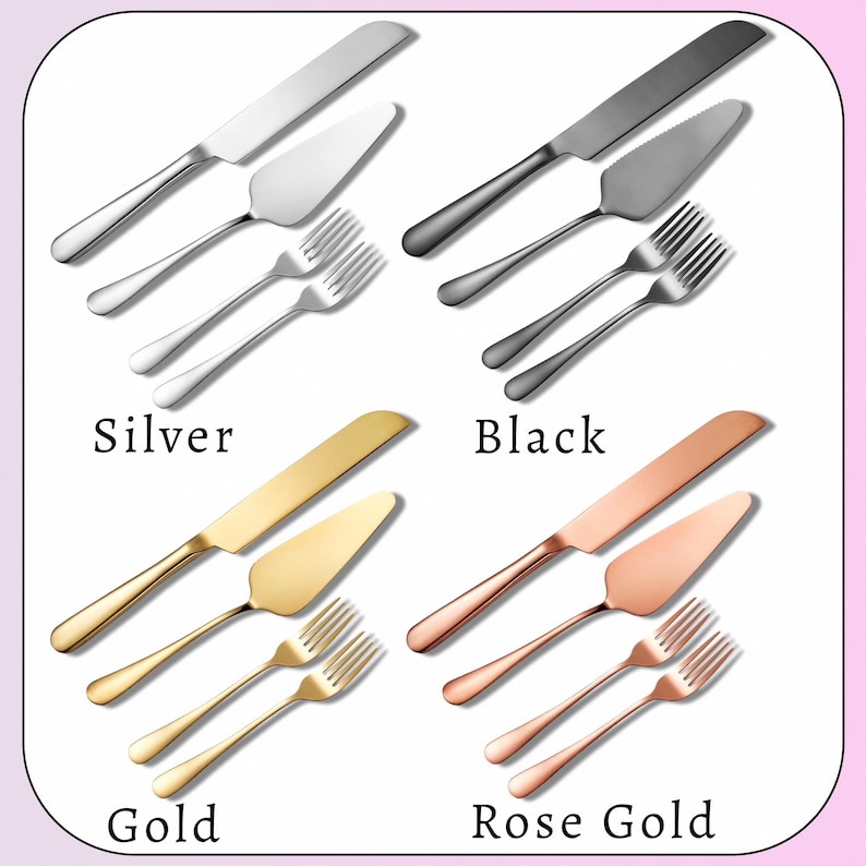 May include: Four sets of cake serving utensils, each including a knife, a cake server, and two forks. The sets are displayed in silver, black, gold, and rose gold finishes, with each set labeled accordingly below the respective utensil group.