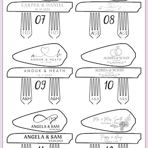 May include: A collection of six custom engraved fork designs displayed in a grid. Each set features personalized names, dates, and decorative motifs like hearts, rings, and floral patterns. The forks are numbered 07 through 12, showcasing various typography styles and monograms.
