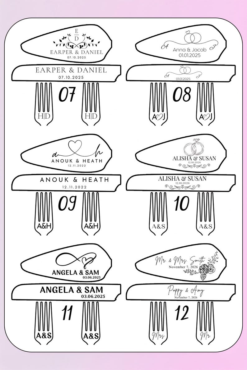 May include: A collection of six custom engraved fork designs displayed in a grid. Each set features personalized names, dates, and decorative motifs like hearts, rings, and floral patterns. The forks are numbered 07 through 12, showcasing various typography styles and monograms.