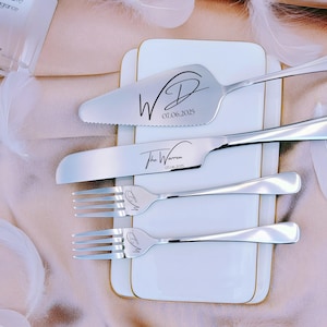 Wedding Cake Knife Server Forks Set, Engraved Knife Server Forks, Bride And Groom Gift, Wedding Keepsake Ceremony Gift, Bridal Pastry Set