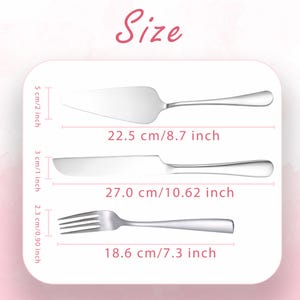 May include: A silver-colored cake server, knife, and fork set. The cake server is 2 inches by 8.7 inches, the knife is 1 inch by 10.62 inches, and the fork is 0.90 inches by 7.3 inches. Each piece has a smooth, polished metallic finish.