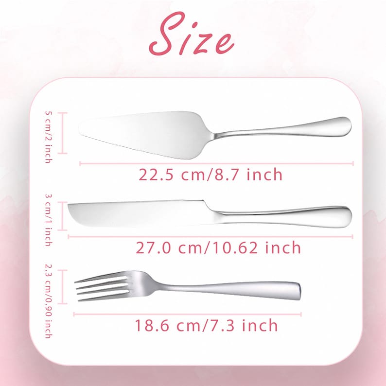 May include: A silver-colored cake server, knife, and fork set. The cake server is 2 inches by 8.7 inches, the knife is 1 inch by 10.62 inches, and the fork is 0.90 inches by 7.3 inches. Each piece has a smooth, polished metallic finish.